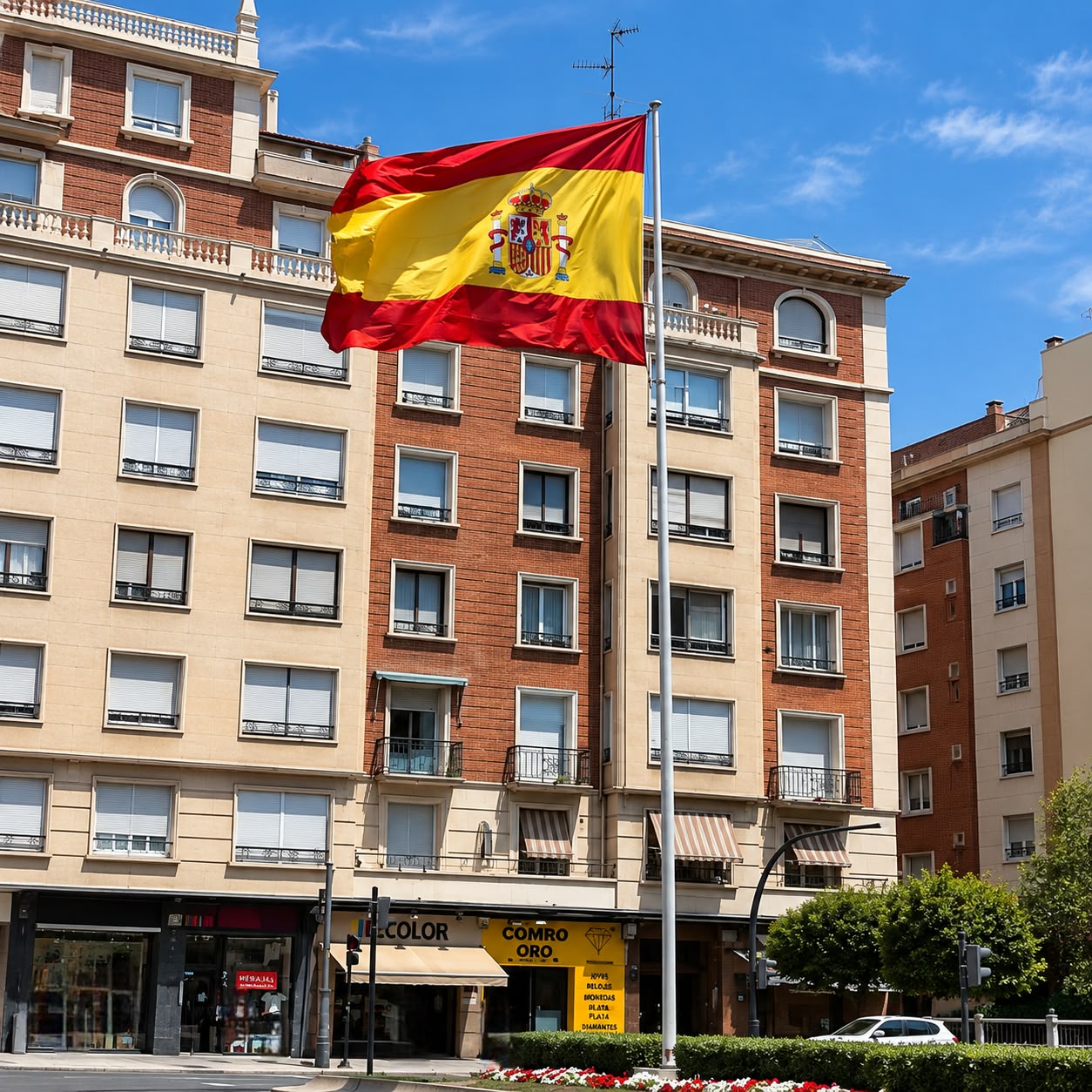 Rotonda con bandera de España y Oro Norte Logroño al fondo en Logroño